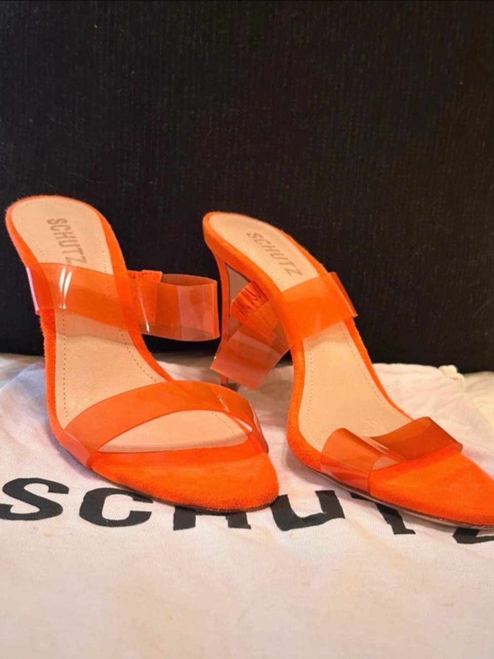 SCHUTZ Ariella 2 Neon Orange Clear Vinyl Double Strap Stiletto Mule Heels 8